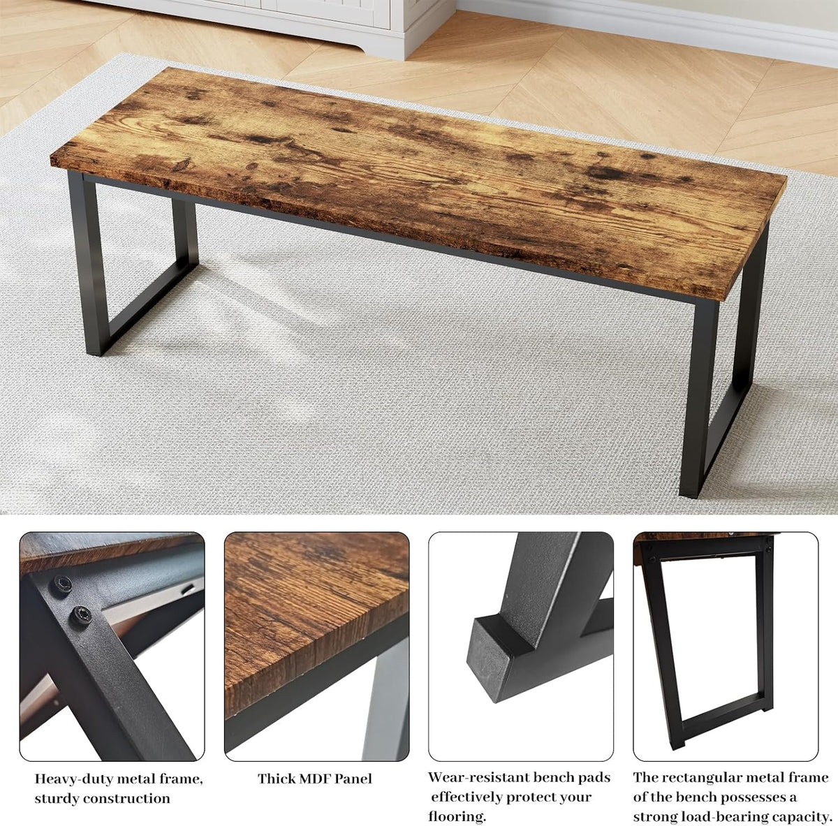 HIPIHOM 43.3" Industrial Bench Set of 2 Antique Wood & Metal | Rustic farmhouse style, MDF top with vintage woodgrain finish, durable matte black metal legs,for dining-entryway-bedroom