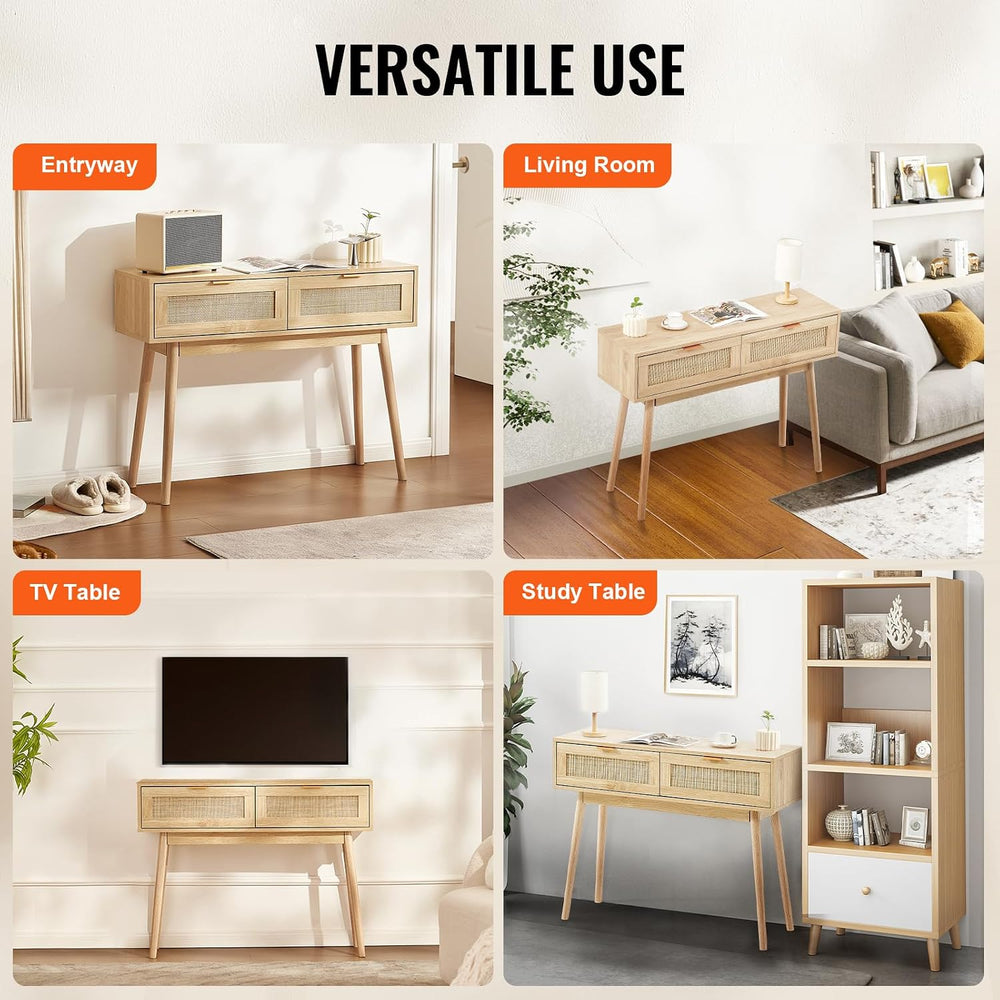VEVOR Rattan Console Table with 2 Storage Drawers, Rattan Entryway Table with...