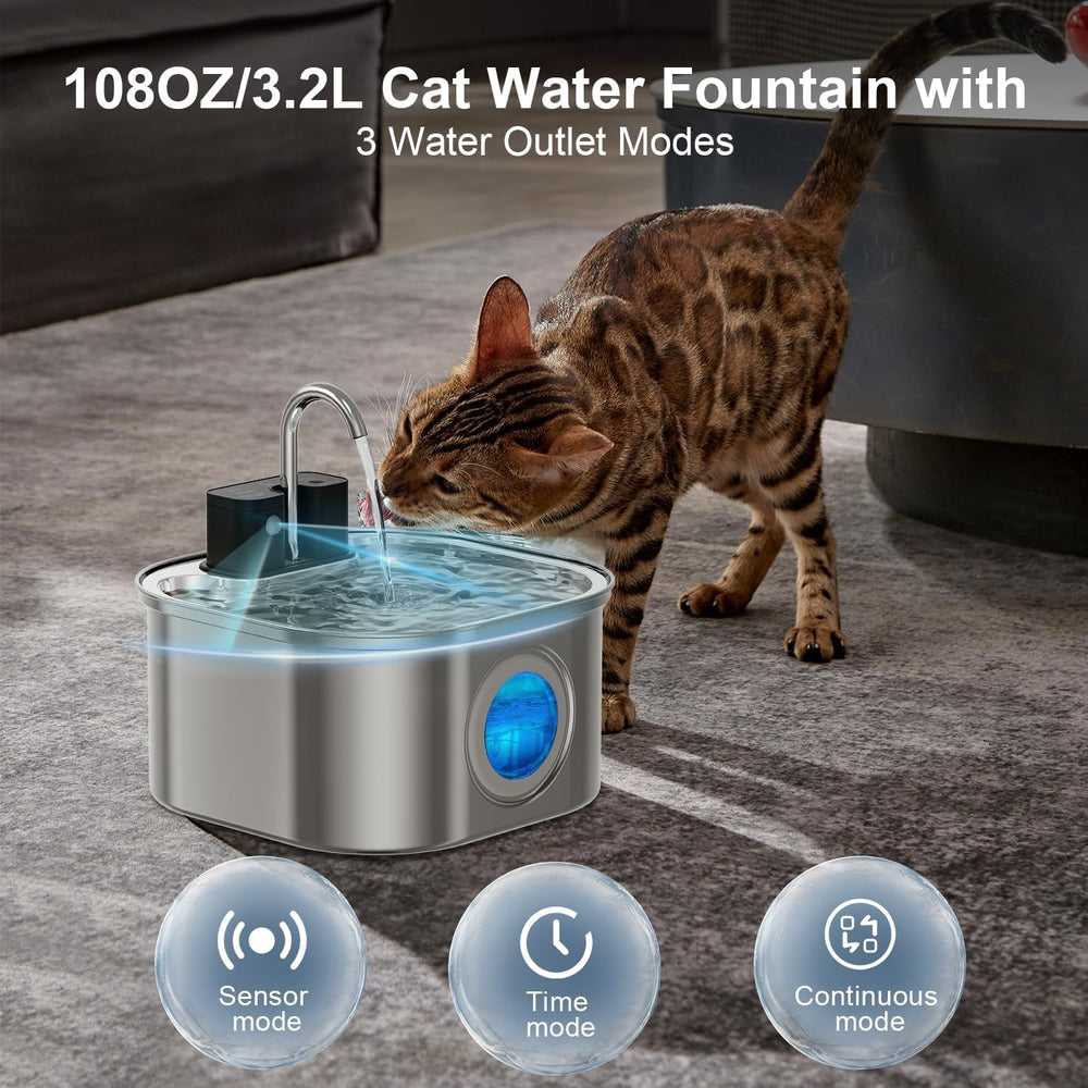 Cat Water Fountain Wireless,Stainless Steel-Rechargeable- Battery Operated Ca...