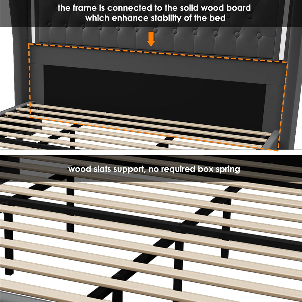 King Bed Frame 55" Tall Headboard with LED Lights, Buttons Tufted Velvet...