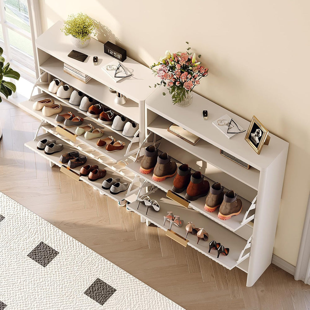 VINGLI White Slim Shoe Cabinet with Curved Edges, Modern Hidden Shoe Storage ...