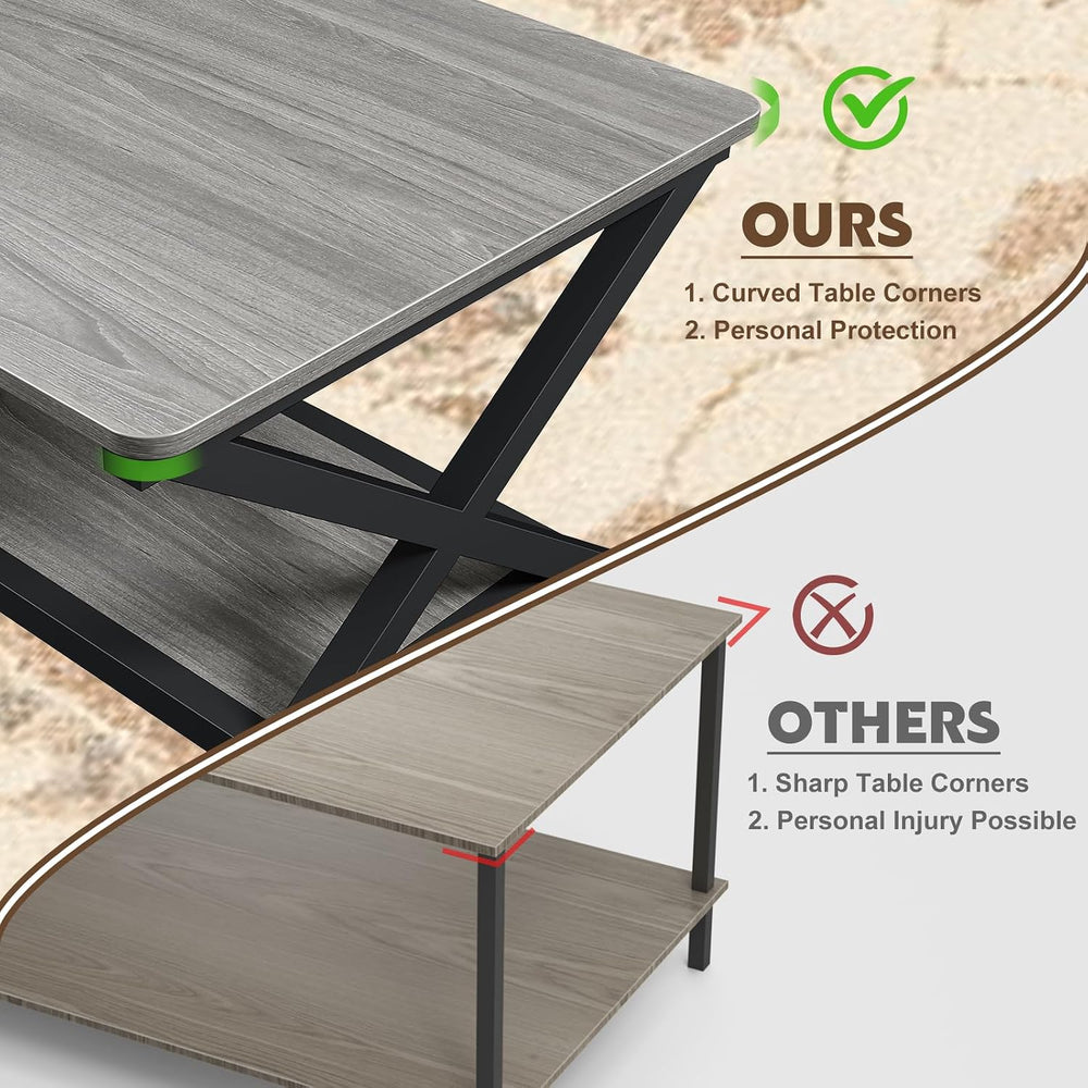 47" Coffee Table for Living Room, 2-Tier Rectangle, Grey Oak