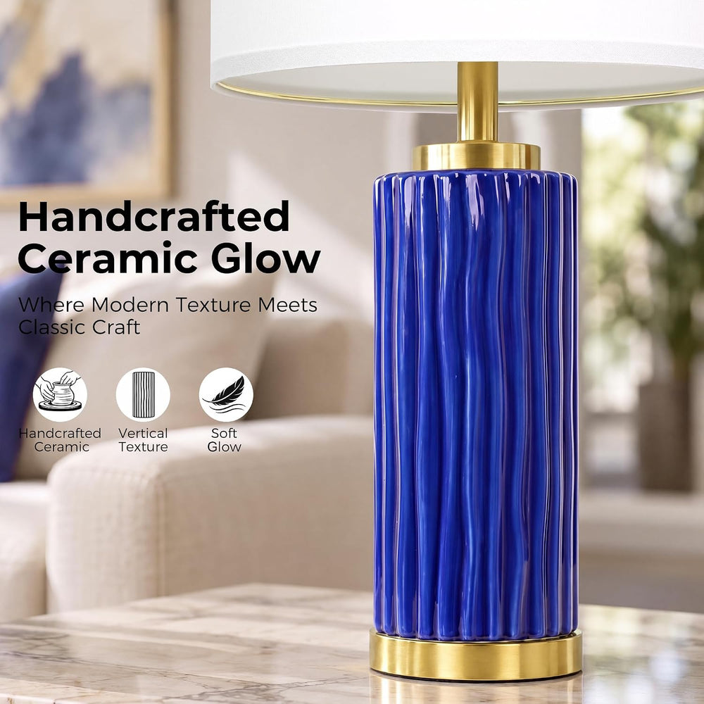JUNNAI 25'' Navy Blue Ceramic Table Lamp, 3 Color Temperature Bulb In...
