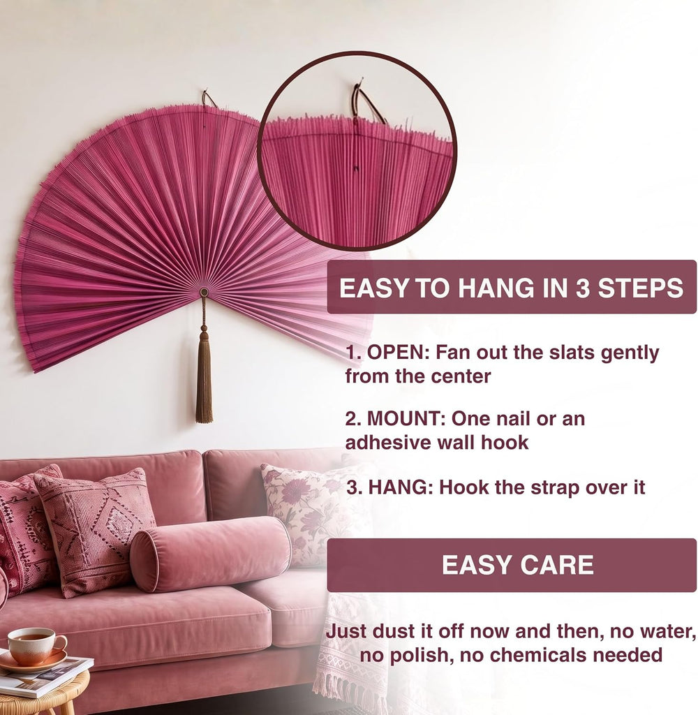 SUCHUBU Pink Bamboo Wall Fan Decor 47 Inch, Large Japanese Fan Wall Art for A...