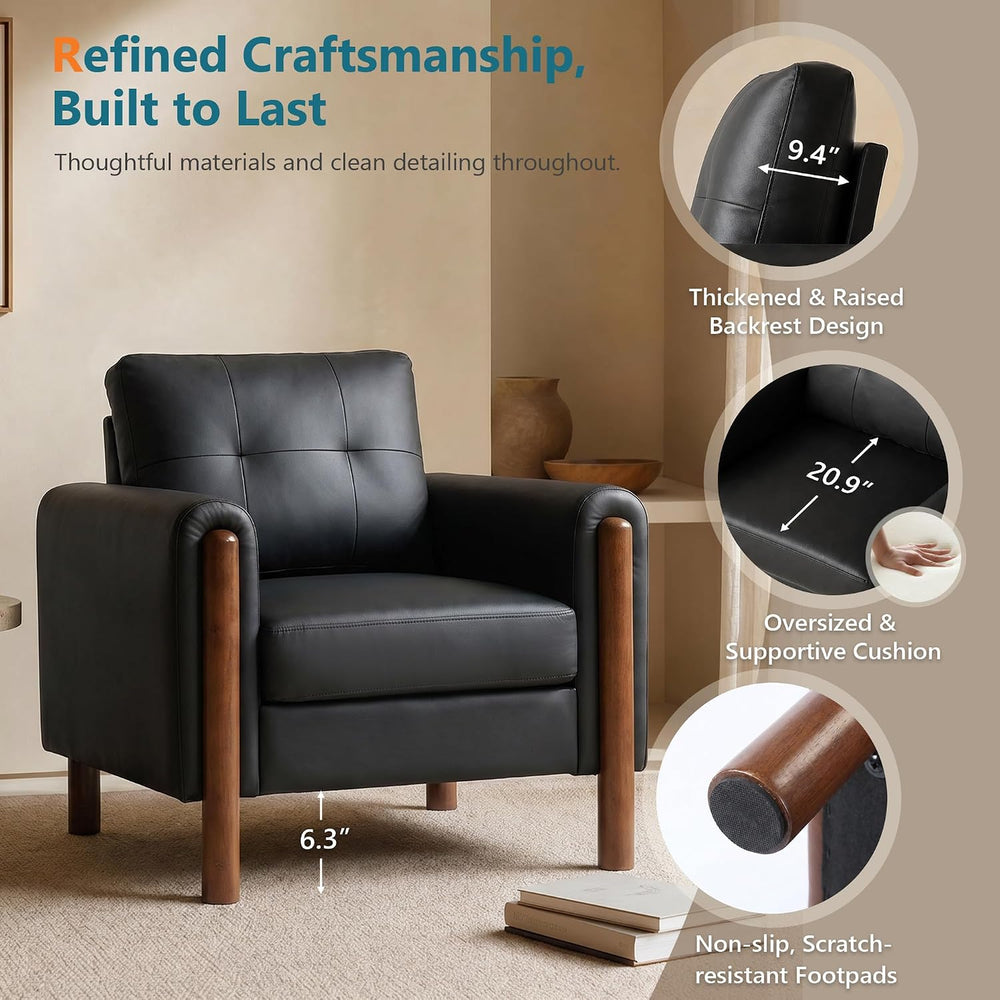 STHOUYN 35" Black Leather Oversized Accent Chair Set of 2 with Wood Armr...