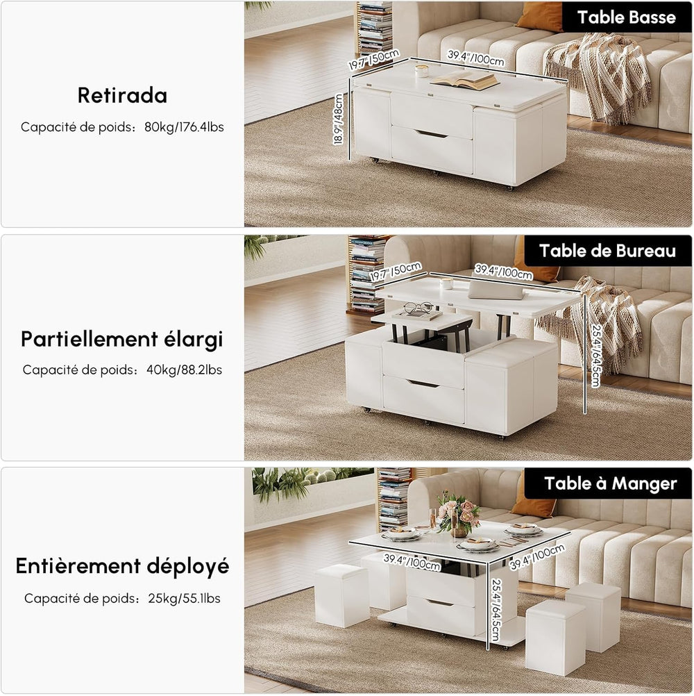 homary White Lift Top Coffee Table with Hidden Storage, 3 in 1 Multi-Function...