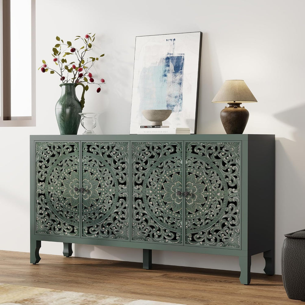 Buffet Cabinet with Storage, 4 Carved Doors Accent Cabinet, Green