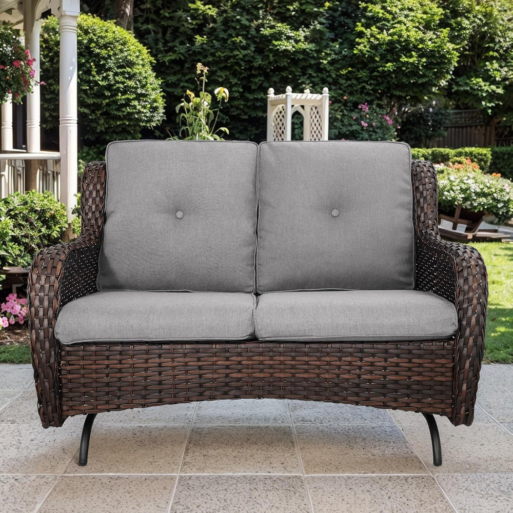 Patio Loveseat Wicker Loveseat Rattan Glider Sofa with Curved Armrest Thickin...