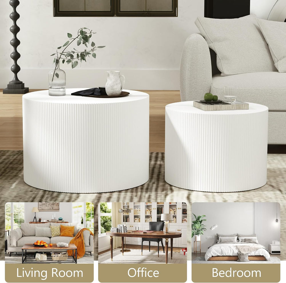 Nesting Coffee Table Set of 2, Round Wood Accent Table, White