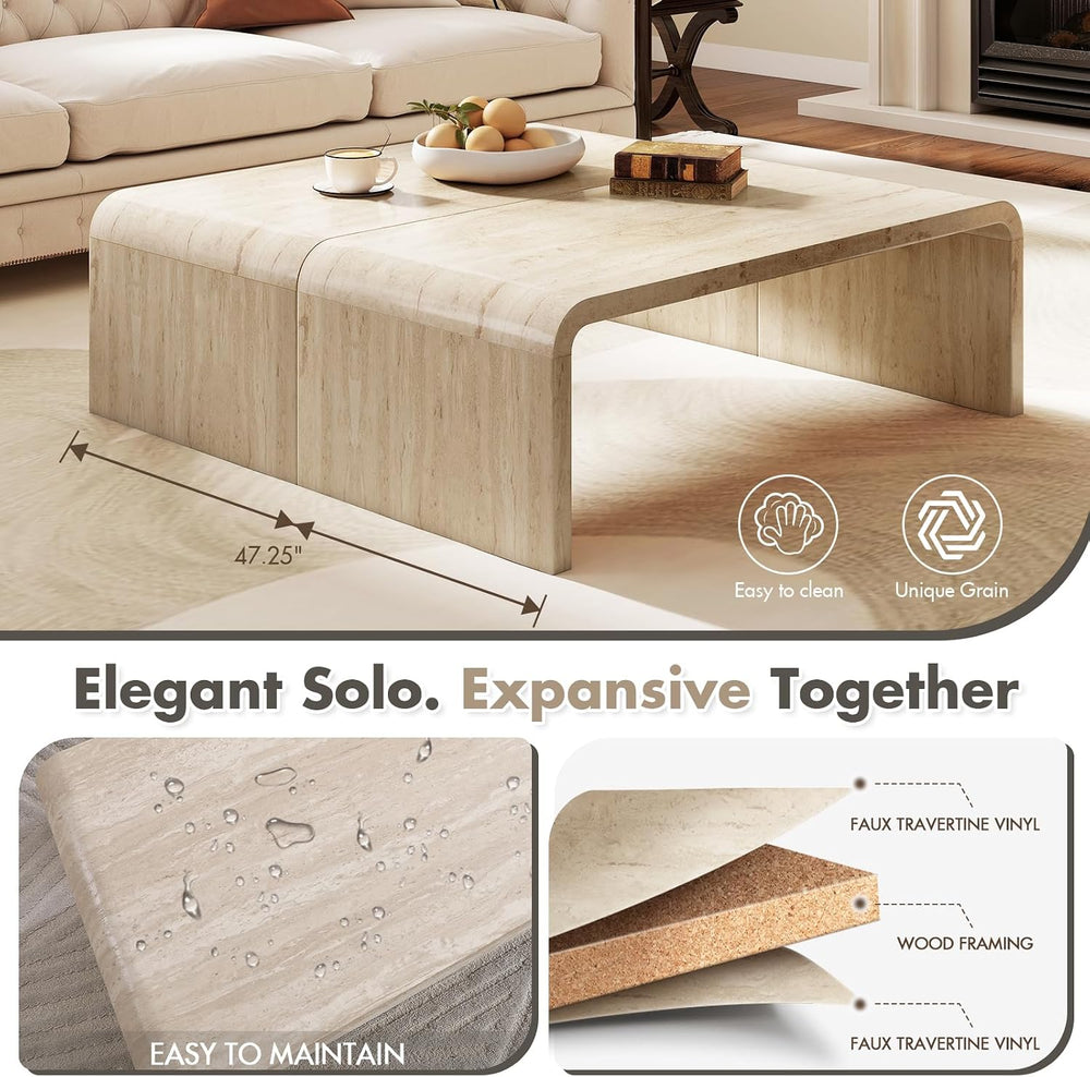 Hyfirm 47" Travertine Look Coffee Table, Thick Waterfall Edge Wood