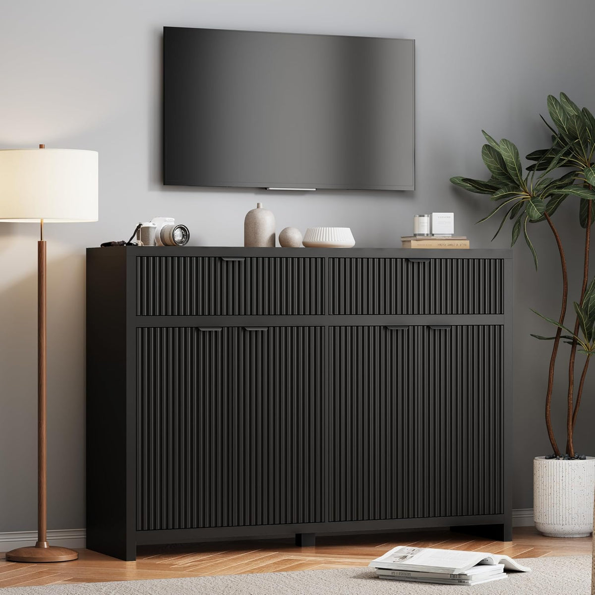 55 Inch Modern Fluted Sideboard Buffet Cabinet with Storage, Black