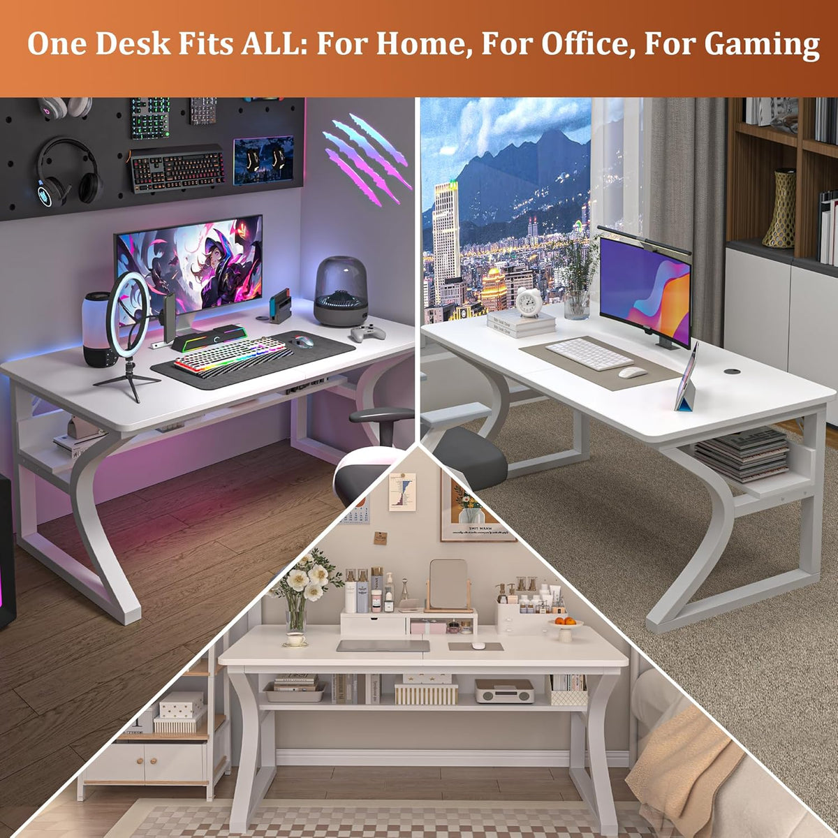 55 inch Computer Desk, Home Office Desk with Storage Shelf, Sturdy U-Shaped Metal Frame Study Table with Cable Management, Gaming Desk for Office & Bedroom (White, 55inch)