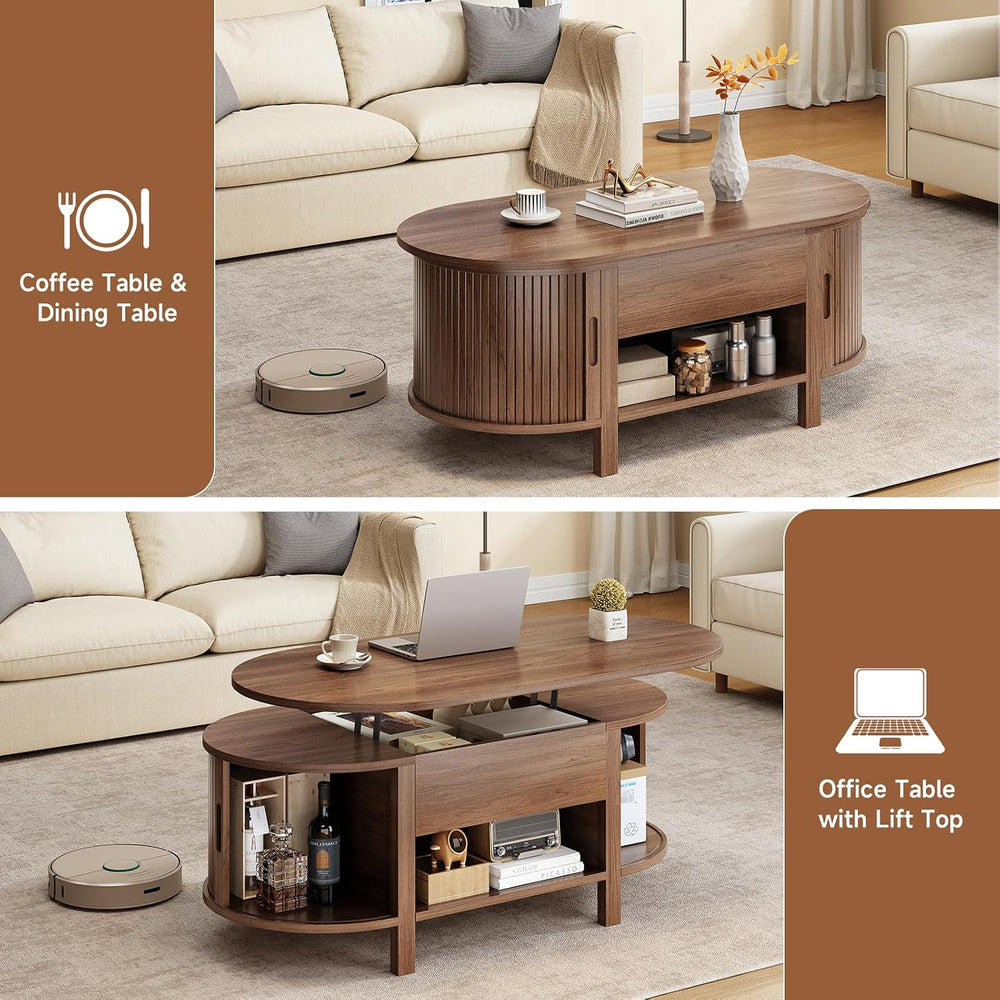 ONBRILL 43.3" Oval Lift Top Fluted Coffee Table with Sliding Door, Walnut