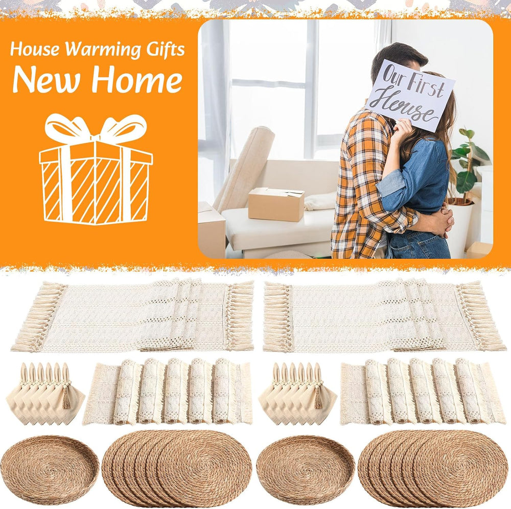 12 Sets Boho Table Runner and Woven Round Placemats Set, White, 12x72