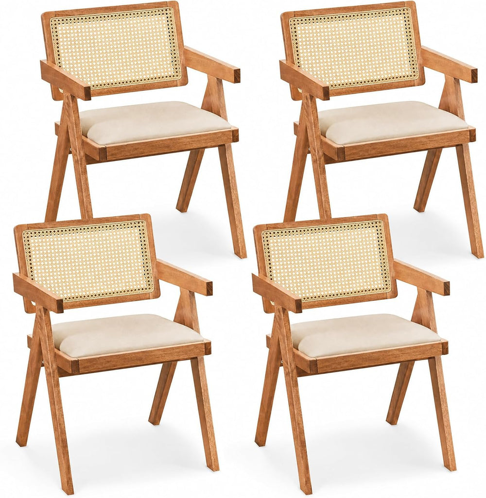 GIANTEX Rattan Dining Chairs Set of 4, Fabric Kitchen Chairs w/Armrests &...