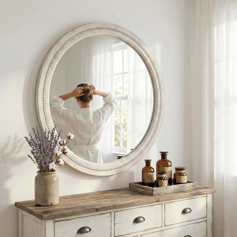 Solid Wood 30 Inch Round Beaded Bathroom Mirror, Distressed White