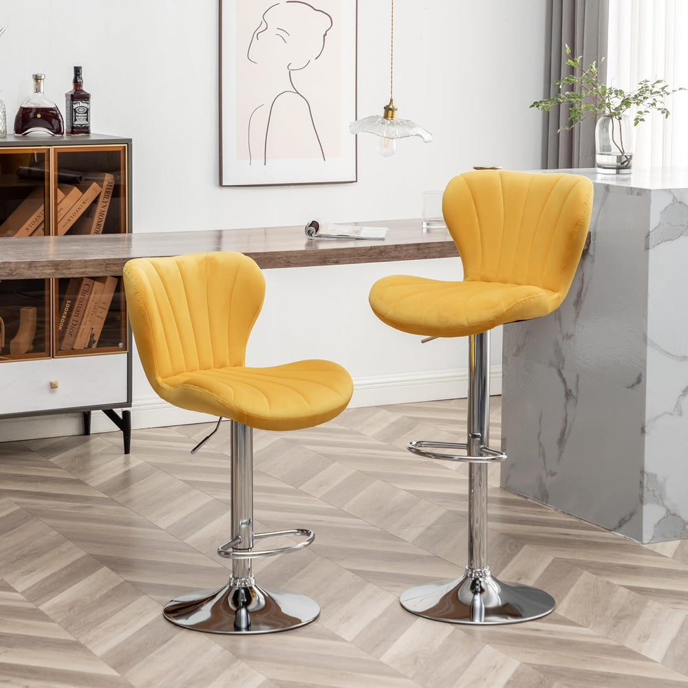 Roundhill Furniture Ellston Velvet Adjustable Swivel Barstools in Yellow, Set...