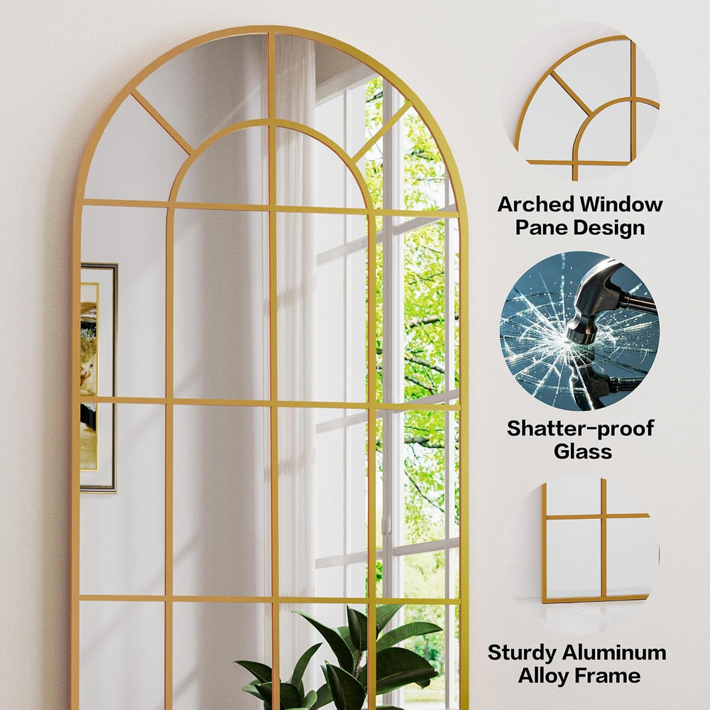 HARRITPURE Arched Full Length Mirror 71"x30" Gold Windowpane Floor ...