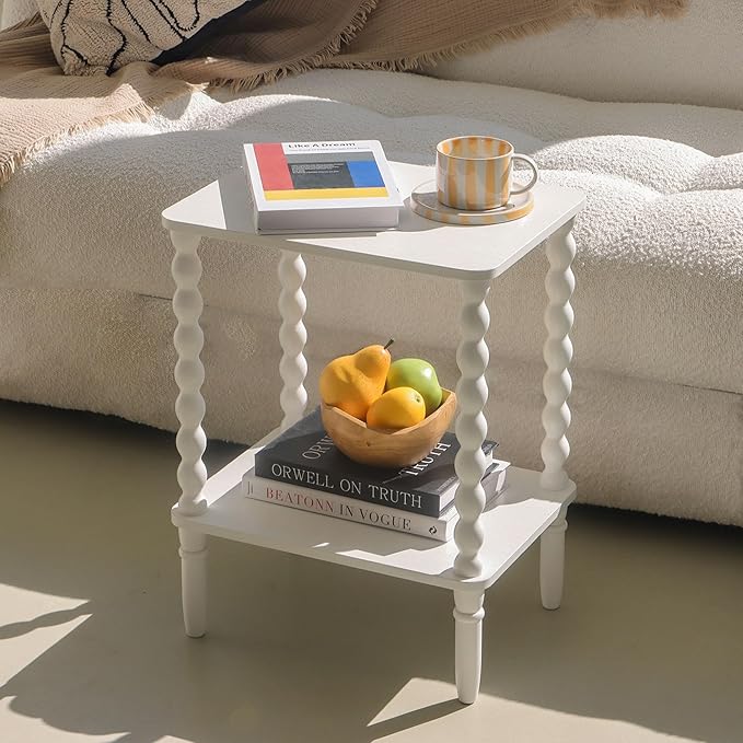 White End Table, Small Side Table with Storage Shelf, 2-Tier Modern NightStand for Bedroom, Living Room, Small Spaces (White)
