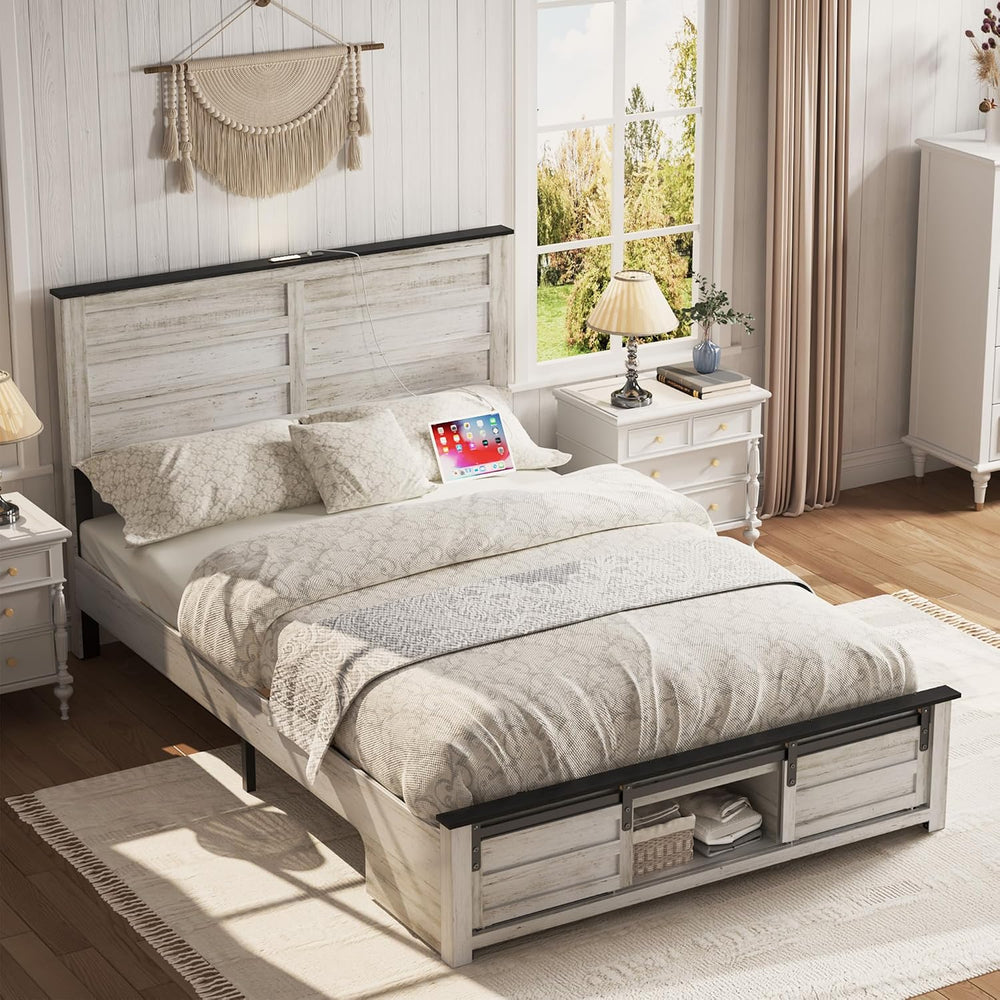 Full Size Wooden Bed Frame with Headboard and Storage Footboard