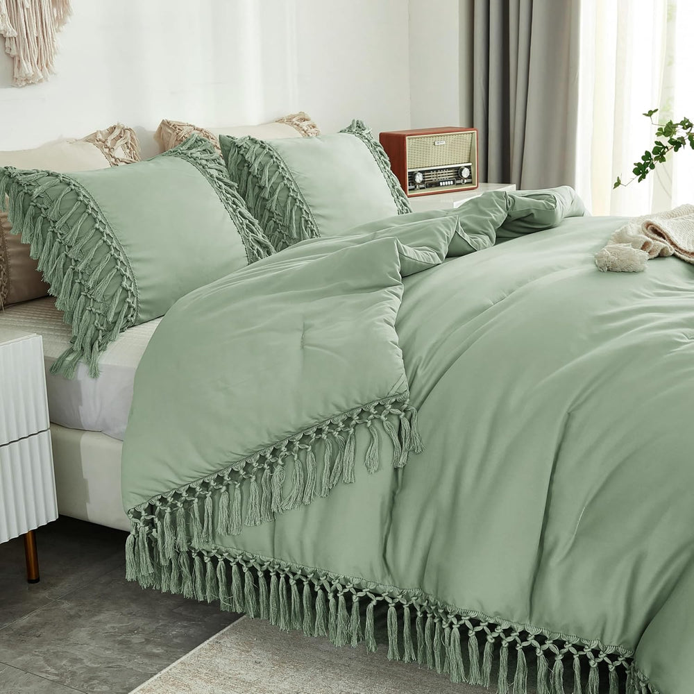 Andency Sage Green Comforter Set King, 3 Pieces Boho Tassel Bedding