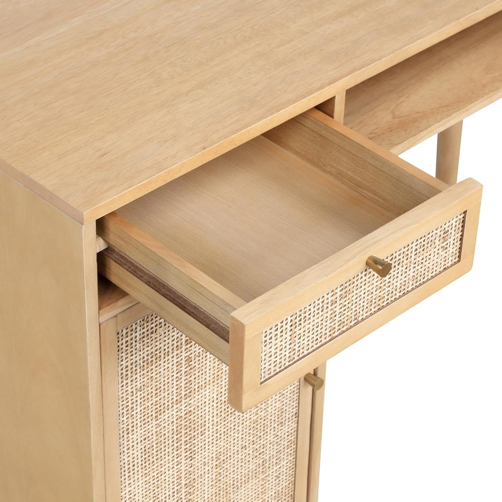 Nathan James Aaron Modern Desk with Storage, Natural Rattan Table with Square...