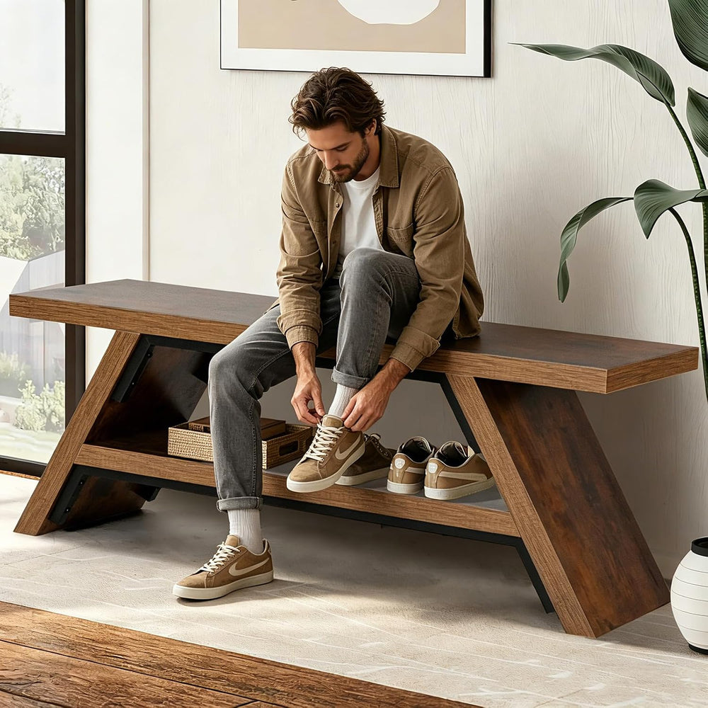 2-Tier Shoe Storage Bench, 55" Large Solid Wood Entryway Stool Storage