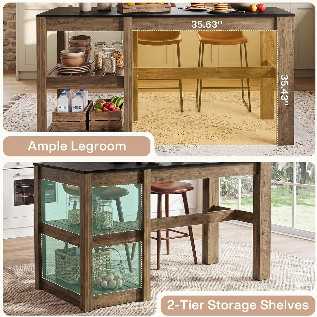Tribesigns 55" Kitchen Island with Storage Shelves, Rustic Brown and Black | Farmhouse Wood Stationary Island Table for Dining/Living Room, Kitchen, 2-Tier, Spacious Countertop, Easy to Assemble