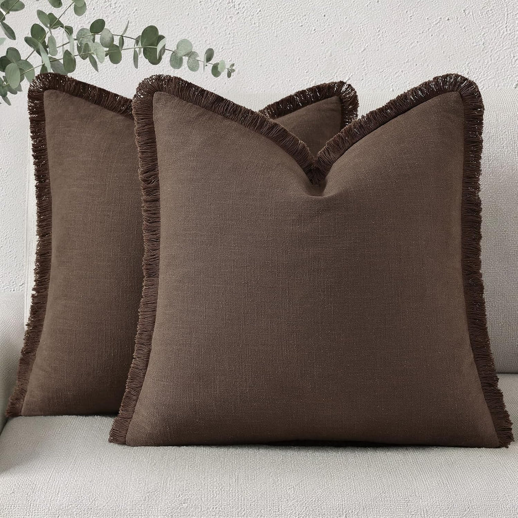 decorUhome Linen Fringe Chocolate Throw Pillow Covers 18x18 Set of 2