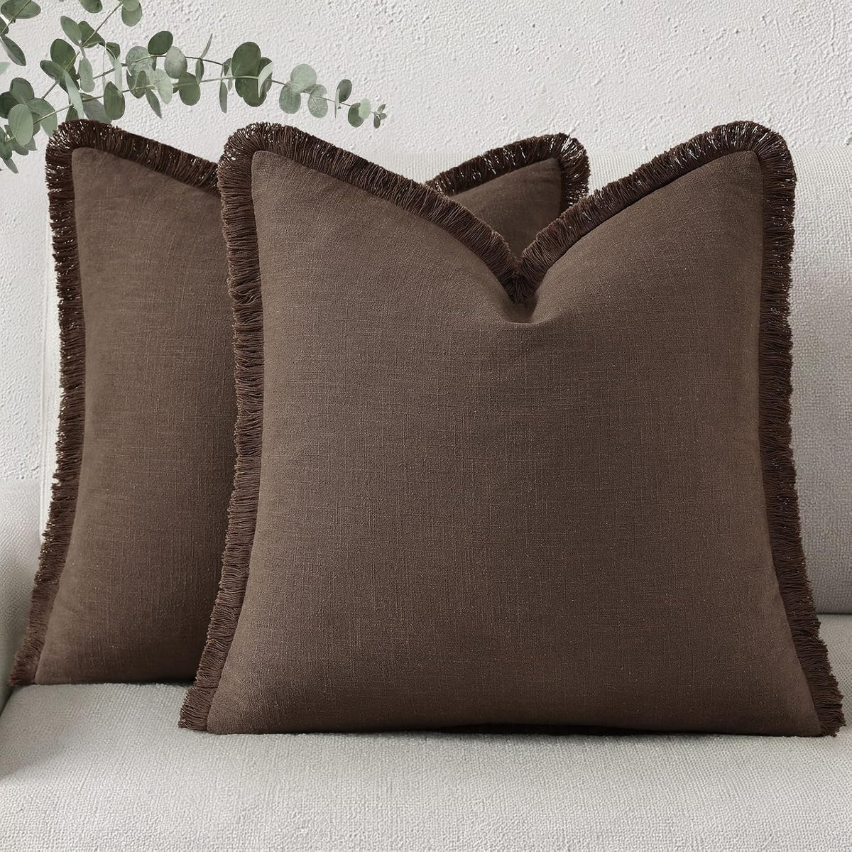 decorUhome Linen Fringe Chocolate Throw Pillow Covers 18x18 Set of 2