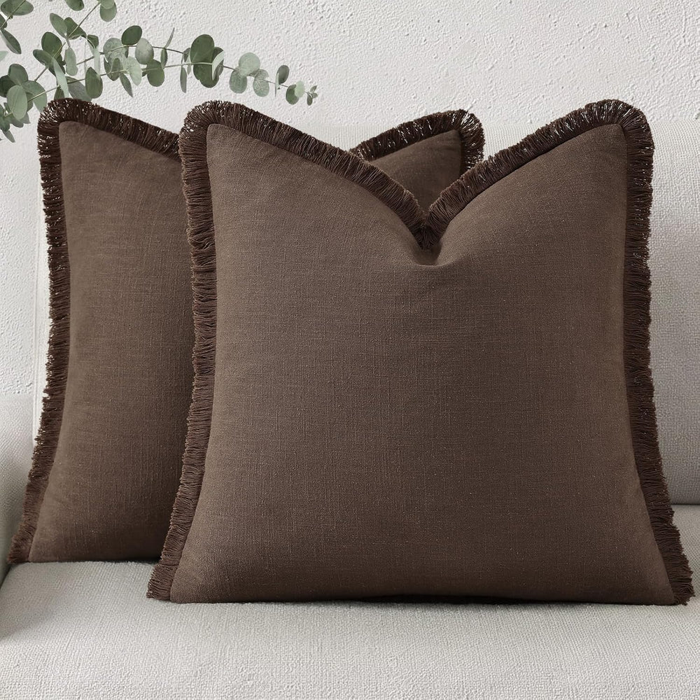 decorUhome Linen Fringe Chocolate Throw Pillow Covers 20x20 Set of 2