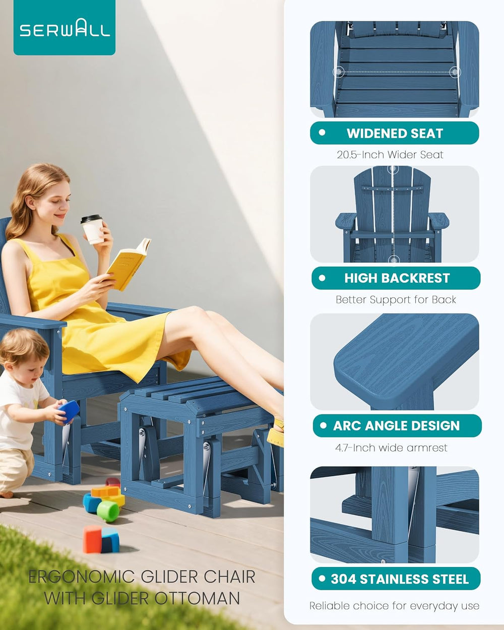 SERWALL HDPE Outdoor Glider with Ottoman Set of 2, All-Weather Patio Glider
