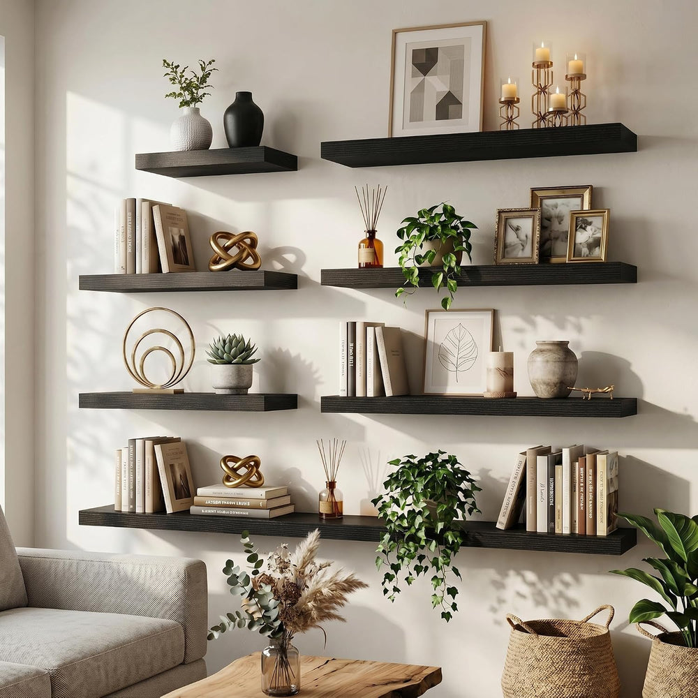 20 Inch Floating Shelves for Wall, 8"D Wood Storage Shelves, Black Finish