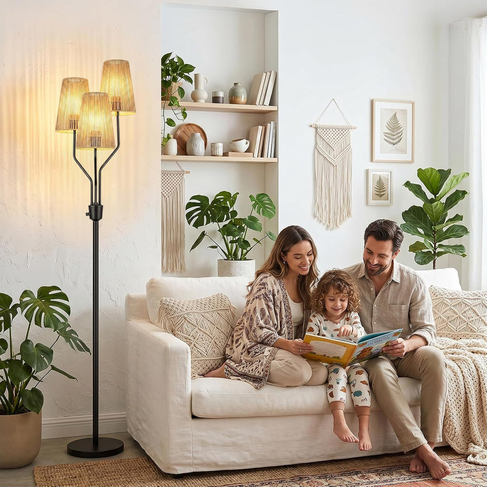Bairth Boho Floor Lamp, Farmhouse Rattan 3-Light Floor Lamp for Living Room
