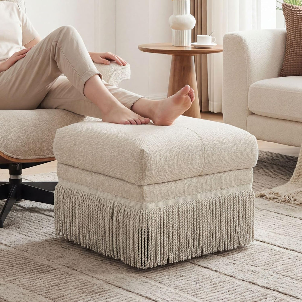 Hyfirm Upholstered Ottoman Footstool with Fringe Skirt, 21.5" Square