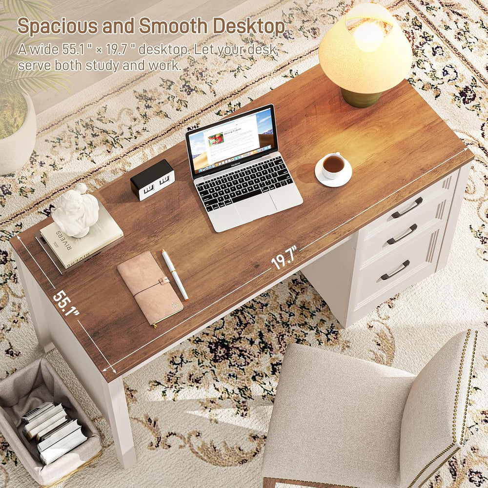 Vabches 55" Wooden Executive Desk with 3 Drawers, Farmhouse Computer Des...