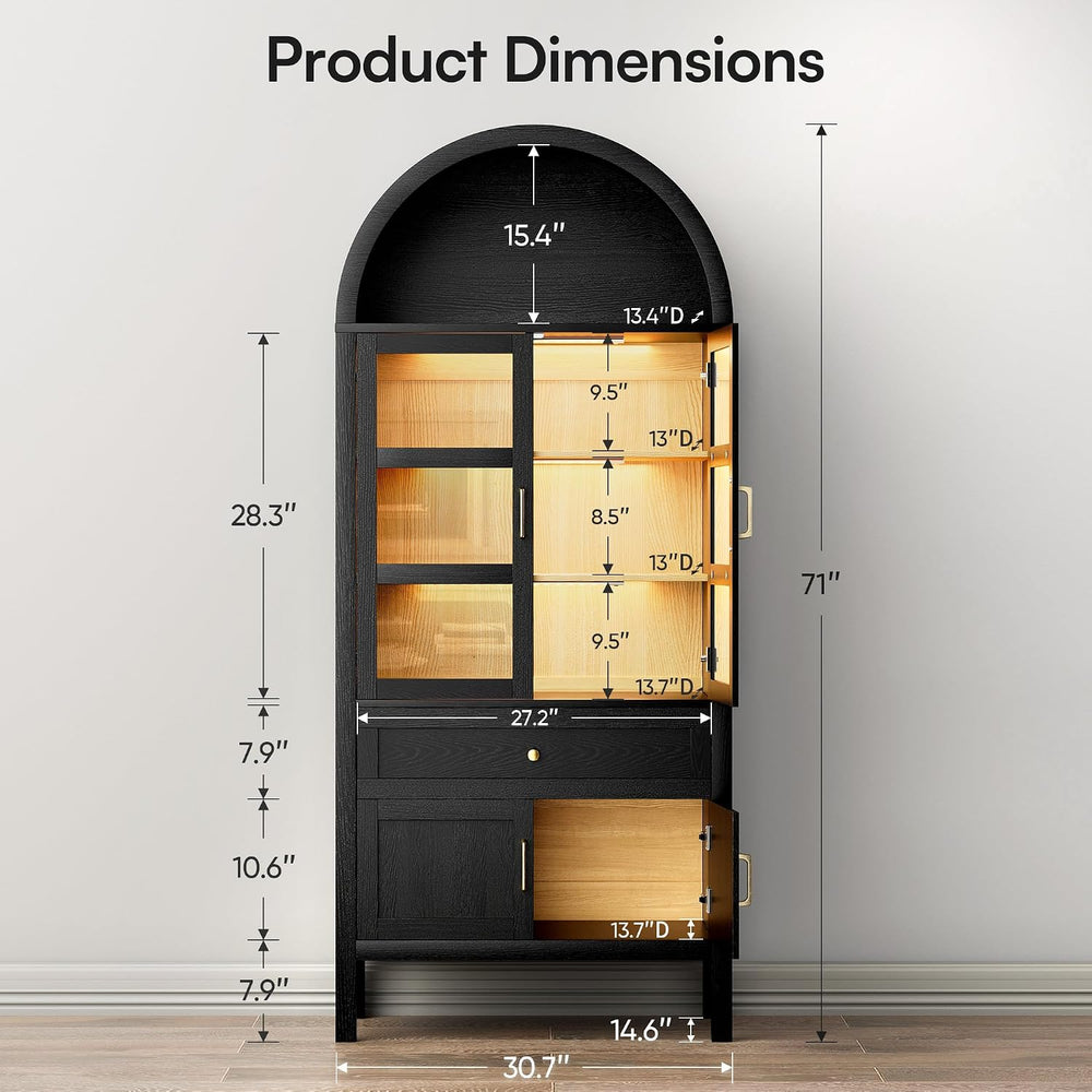 71" Tall Arched Storage Cabinet with Motion Sensor Lights, Farmhouse Fre...