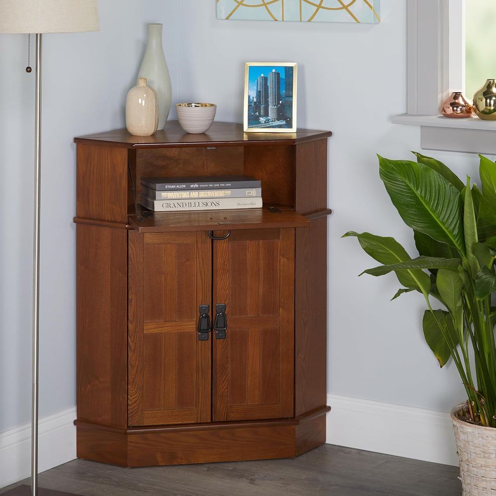 Mission Corner Cabinet with Drawer, Double Doors & Elegant Black Metal Ha...