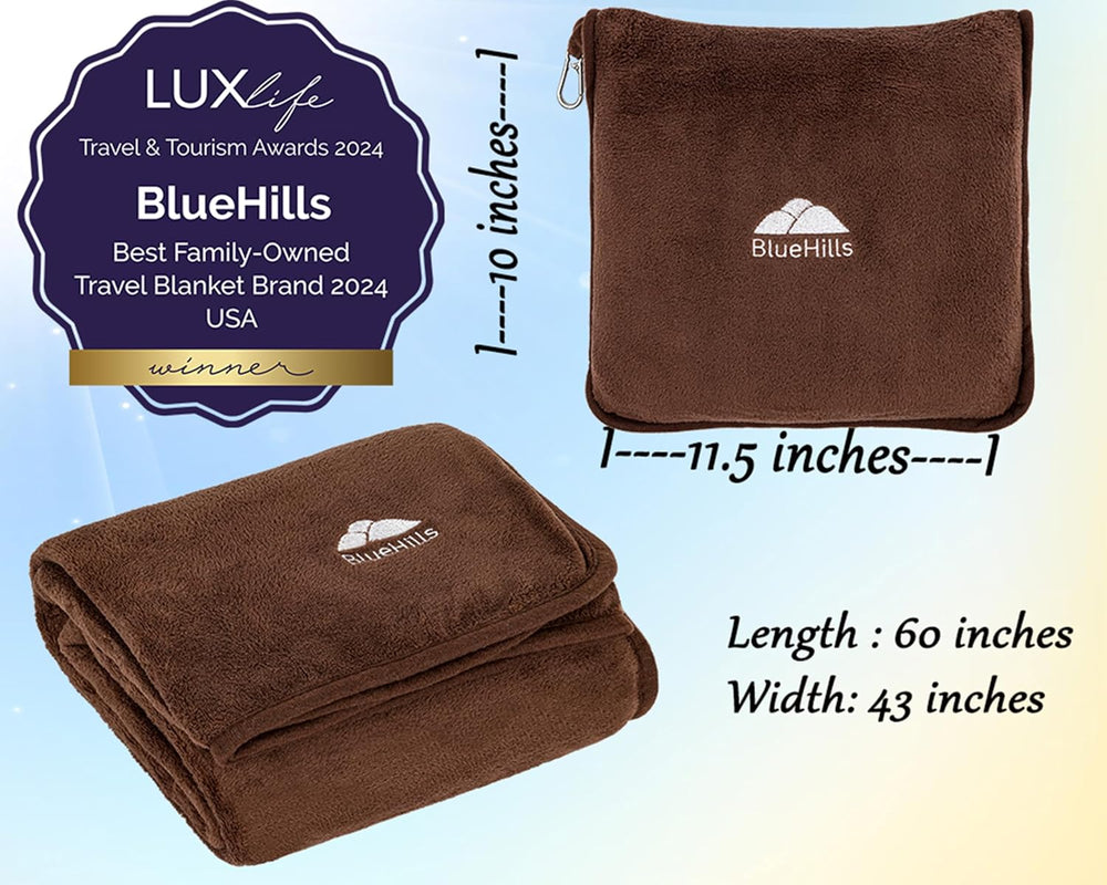 BlueHills Premium Soft Travel Blanket Pillow Air Plane Essentials - Brown