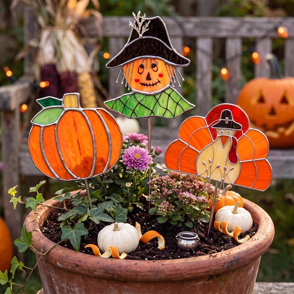 3 Pcs Fall Stained Glass Plant Stakes 9.8" Fall Decor for Pot