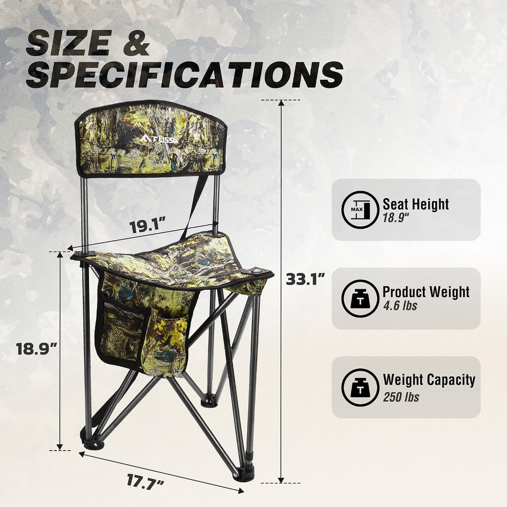 FLISSA Hunting Chair with Backrest, Folding Tripod Hunting Chair, Camo