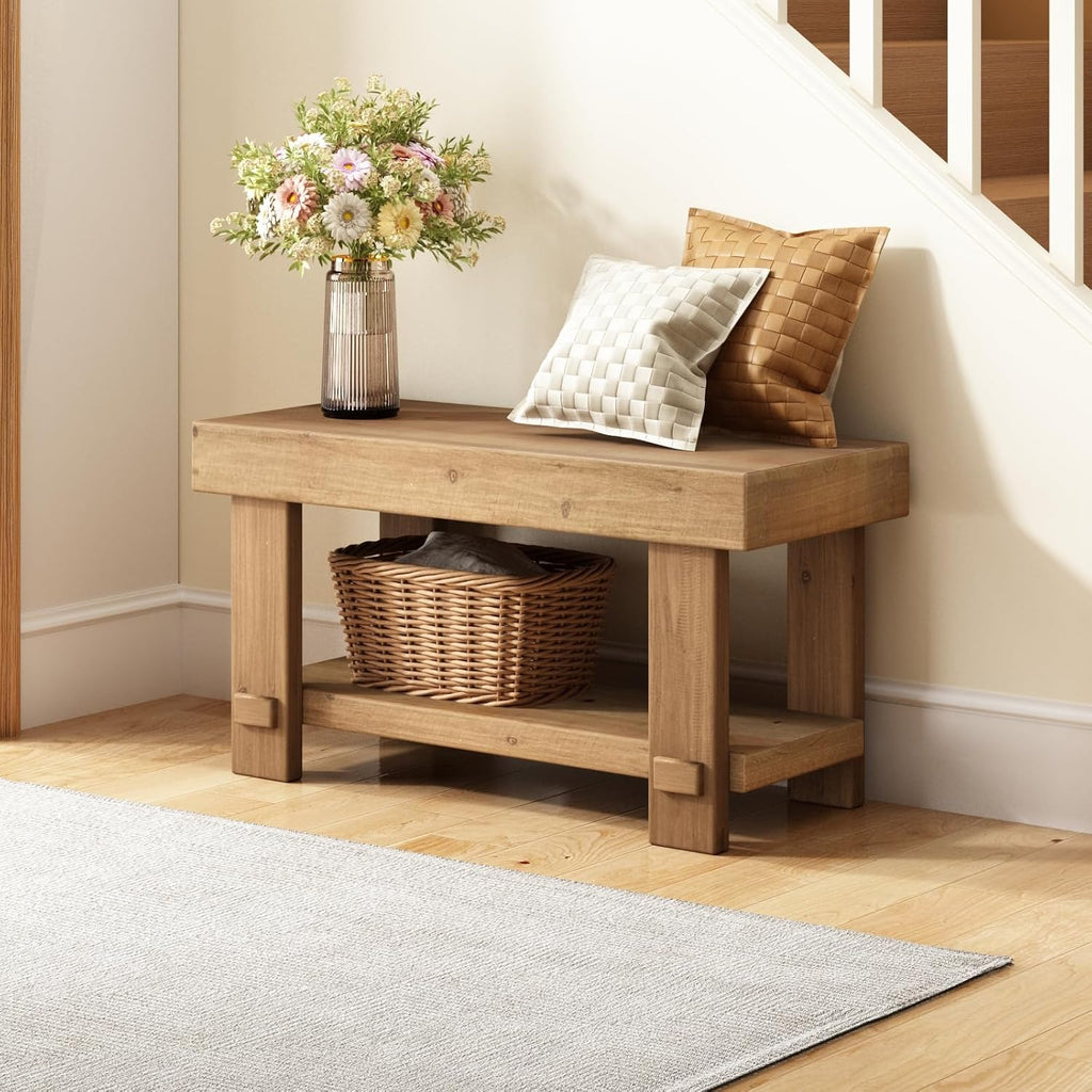31.5" Solid Wood Bench, Small Farmhouse Narrow Storage Bench, Natural | with Storage Shelf, Rustic, Easy Assembly, for Indoor, Entryway, Dining Room, Living Room and Hallway
