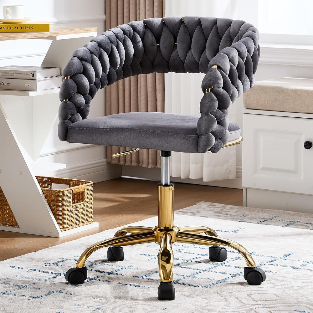 NIOIIKIT Woven Home Office Chair, Velvet Swivel Desk Vanity Chair, Grey