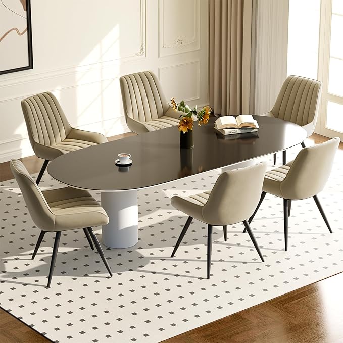 Modern Dining Chairs Set of 6,Upholstered Dining Room Chairs with Thick Cushions,Fabric Comfy Dining Chairs with Metal Legs for Dining Room Khaki