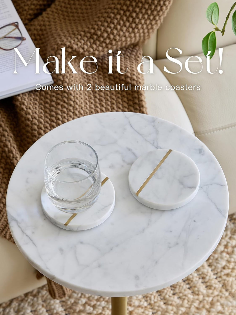 Adjustable 12" White Marble Drink Table with 2 Coasters, Antique Brass⁠
