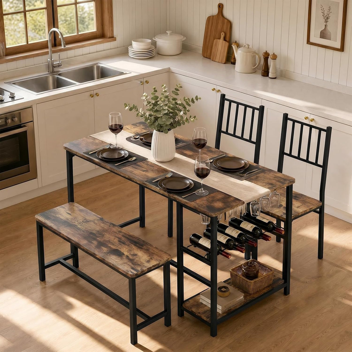 55-Inch Dining Table Set for 4 with Bench, Wine Rack, Rustic Brown
