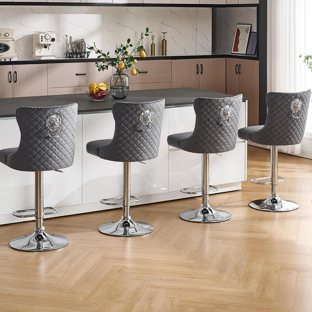 Velvet Bar Stools Set of 4,Modern Swivel Bar Height Stools with Lion Pull Rin...