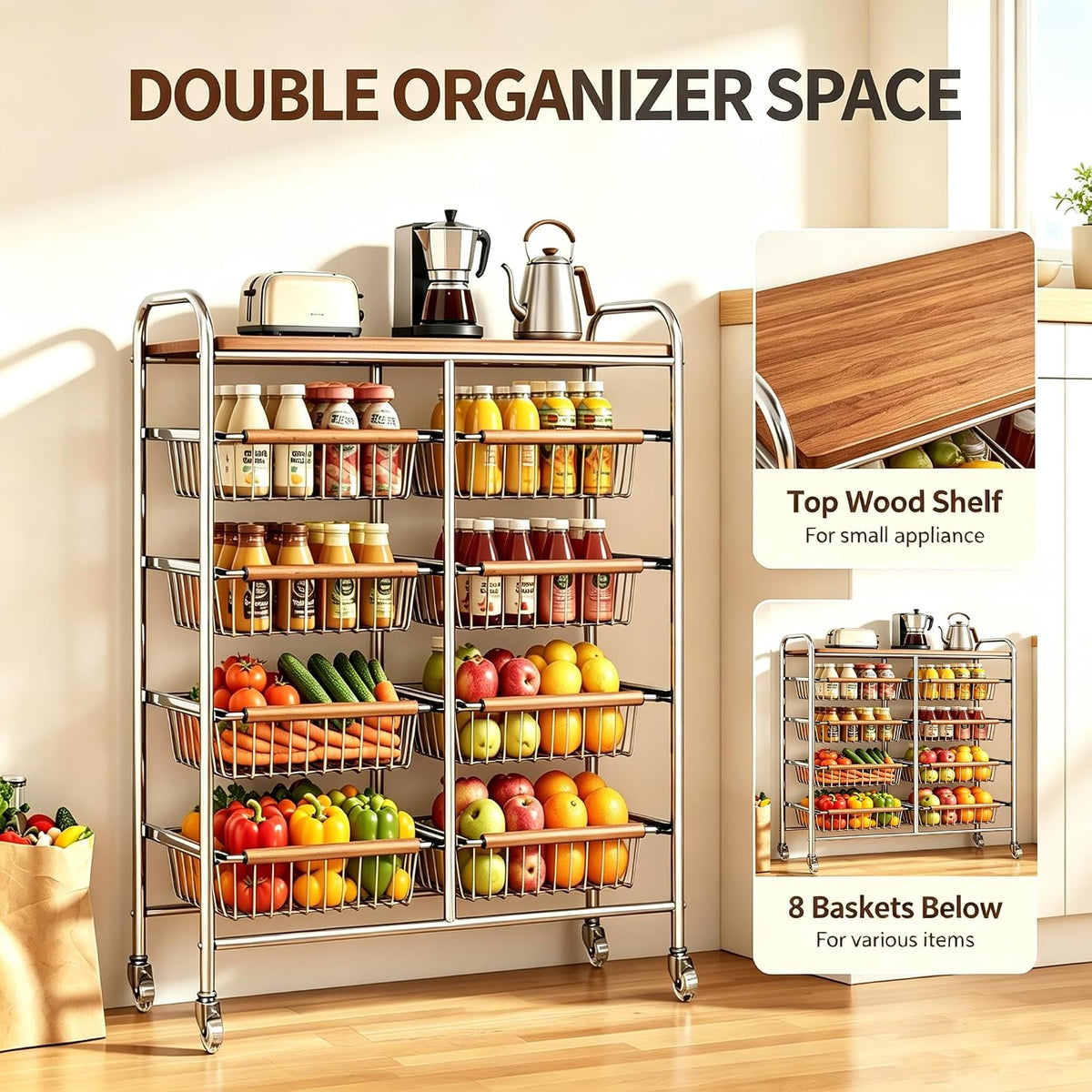 10-Tier Rolling Kitchen Storage Cart, Heavy Duty Wire Pantry Rack | Rust-proof carbon steel, pull-out drawers for fruit/veg, lockable wheels, space-saving kitchen/laundry/bath organizer