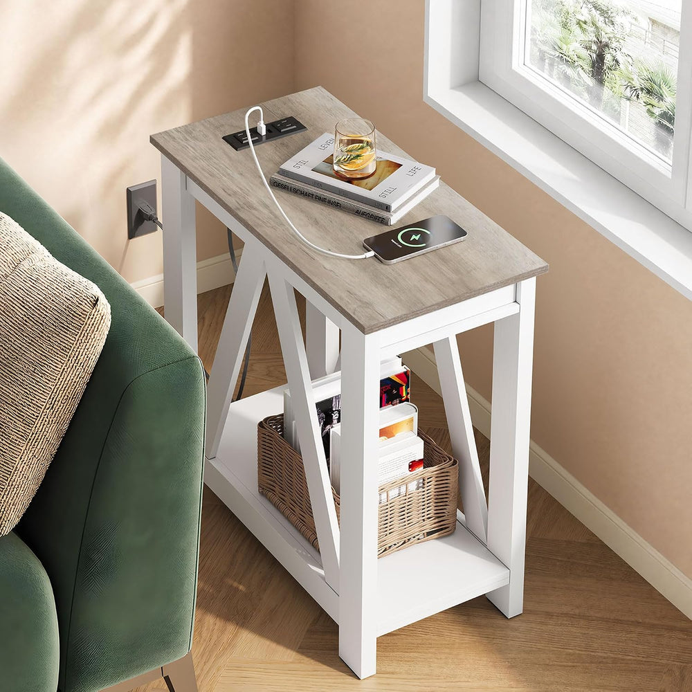 WLIVE Narrow End Table with Charging Station Farmhouse Side Table Slim