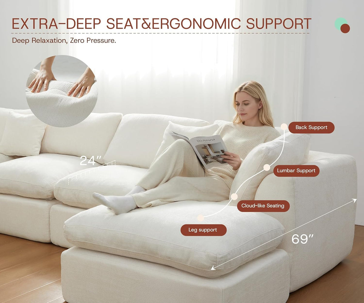 GRUSIGN 110'' Oversized Cloud Couch for Living Room, Modern Big Sectional Compressed L Shape Couch with Ottoman, Comfy Chenille Deep Seat Memory Foam Spineless 4 Seater Sofa, Beige